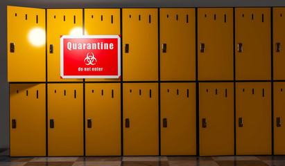 3D render illustration closeup of empty locker room situated in work place. Orange lockers, storage for workers during virus pandemy. Left and opened lockers. Quarantine sign on the wall. Strong light