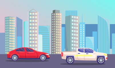 Highway with cars on roads. Futuristic cityscape with vehicles in city. Modern skyline with skyscrapers. Business center in town and automobiles passing district. Urban landscape. Vector in flat style
