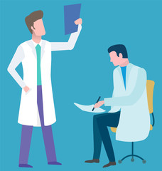 Doctors discussing medical history, professional treatment online. Diagnostic report, element of conference, clinic service, healthcare sign vector