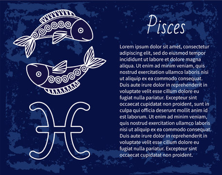 Pisces negative mutable zodiac sign with sketch of two fish in circle. Astrological element for people born in february and march. Isolated decorative icon for horoscopes and predictions vector