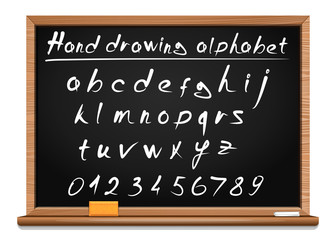 Obraz premium School hand drawing alphabet. Doodle font. Letters and numbers written in chalk on a blackboard. Vector font