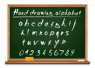 Obraz premium Green school board. School hand drawing alphabet. Vector font.
