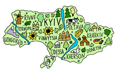 Colored Hand drawn doodle Ukraine map. Ukrainian city names lettering and cartoon landmarks, tourist attractions cliparts. travel, trip comic infographic poster, banner concept design.
