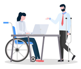 Disabled people working n business project in office. Isolated handicapped personages discussing ideas on company development. Man and woman in wheelchair using laptop, freelancers group vector
