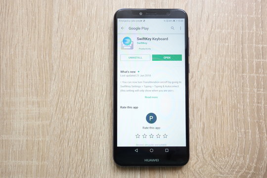 KONSKIE, POLAND - JUNE 24, 2018: SwiftKey Keyboard app on Google Play Store website displayed on Huawei Y6 2018 smartphone