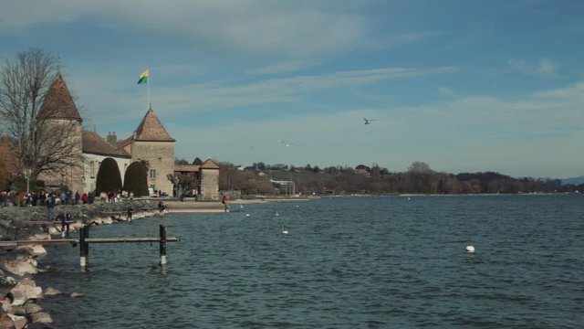 Panoramic west view from the Harp island to the castle of Rolle