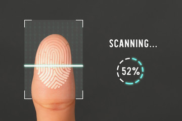Hands show the fingerprint scanner screen to access personal user online.