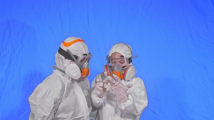 The family shield protect, to save life from virus. Slow motion. People portrait, wearing protect...