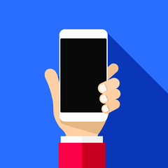 Hand holding smartphone on blue background