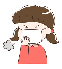 Girl wearing a medical face mask suffering from a persistent cough. Vector illustration isolated on white background.