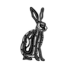 folk monochrome rabbit isolated on a white background . Vector illustration hand drawn in the Scandinavian style. for postcards, posters, fabrics, banners, and tableware design