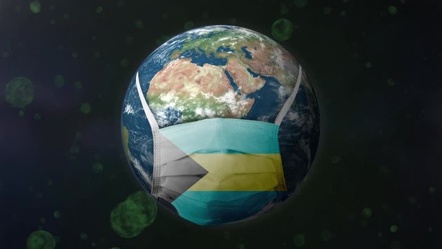 Realistic Earth wearing all countries flag texture mask rotating on green virus bacteria background. Seamless loop animation. 4K