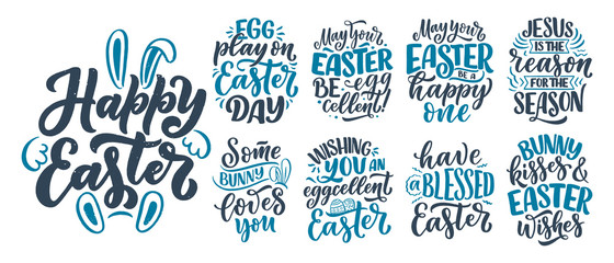 Set with calligraphy lettering slogans about Easter for flyer and print design. Templates for banners, posters, greeting postcards. Vector