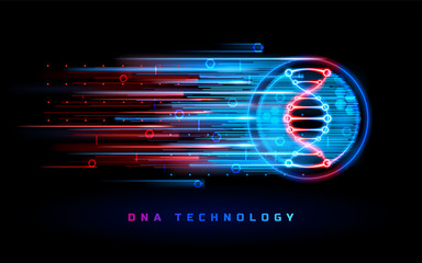 DNA technology, genome research and genetic biotechnology vector blue red neon light background. Human DNA gene, genetics science and biology, scientific medicine and healthcare molecular technology - obrazy, fototapety, plakaty