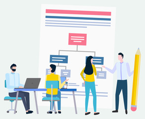 People working on analysis of info vector, business planning and strategy discussion. Person with laptop developer and programmer meeting of partners