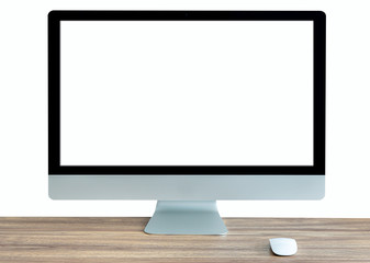 Computer Monitor with Blank or White Screen, mount is on the work table white background or isolated