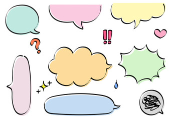 Hand drawn set of colorful speech bubbles. Vector illustration isolated on white background.