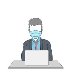 the masked man is sitting at the workplace. danger of infection. vector illustration.
