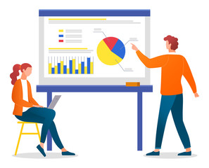 Workers man and woman consulting together near board with diagram report. Teamwork accounting with laptop and graph scheme isolated on white office element. Finance control with computer vector
