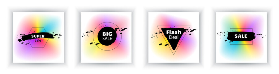 Vibrant liquid abstract banners with black blots on white background. Fluid banner