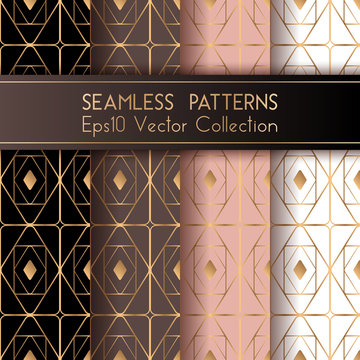 Art deco geometric seamless patterns set vector graphic design.