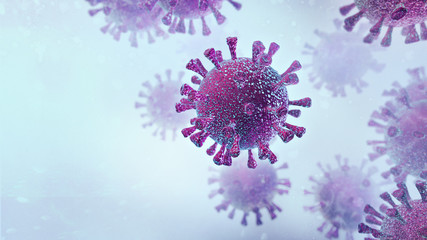 Flying purple virus molecules microscopic detail on abstract bright cold background. Medical research 3D illustration.