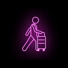 Fototapeta premium Man and suitcase with wheels neon icon. Simple thin line, outline vector of male bag and luggage icons for ui and ux, website or mobile application