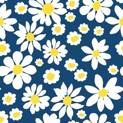 Fototapeta na wymiar All-over vector seamless repeat pattern with white daisies of different shapes tossed on a dark navy blue background