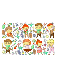 Vector pattern with little children. Illustration of Child diseases, flu, illness