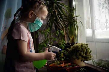The girl takes care of domestic plants during quarantine.