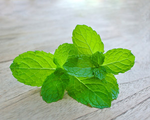 Peppermint leaves on wood.herb for  aroma.herb ' good smell.oil for massage.
