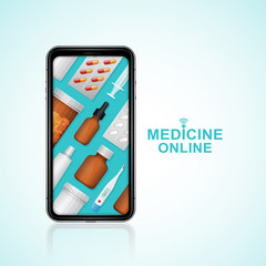 Healthcare and medical online phone with bottles set medicine, pills, healthcare and pharmacy on website for hospital and clinic vector illustration