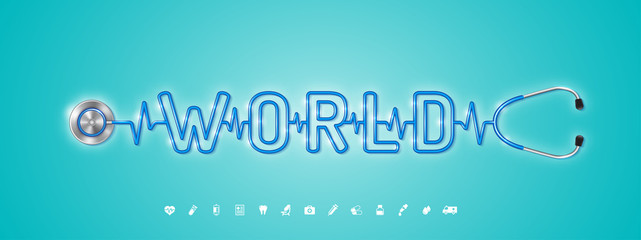 World health day concept world map, heartbeat, stethoscope and flat icons for healthcare and medical vector illustration