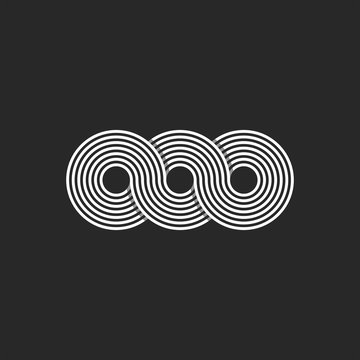 Infinity logo minimalist style infinite circles geometric shape from chain loops, monogram OOO three letters O endless symbol black and white thin lines