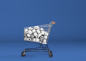Shoping cart filled with toilet paper. Top view. On blue background. 3D Illustration