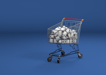 Shoping cart filled with toilet paper. Top view. On blue background. 3D Illustration