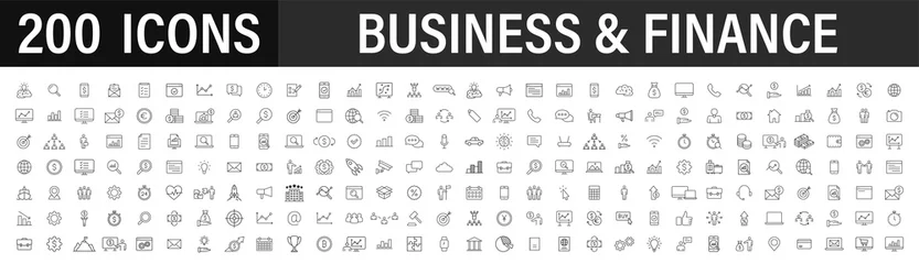 Foto op Plexiglas Set of 200 Business icons. Business and Finance web icons in line style. Money, bank, contact, infographic. Icon collection. Vector illustration. © iiierlok_xolms