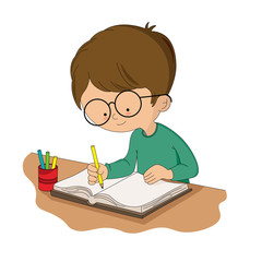Boy studying at his desk. Isolated vector