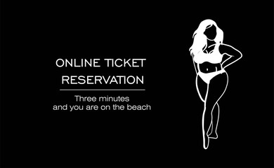 booking and buying tickets online. ONLINE SERVICE OF TOURIST SERVICES. Journey. black woman in a swimsuit.