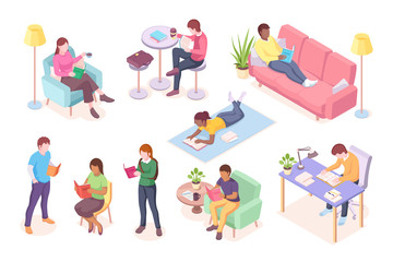 Set of cartoon adult people read books while lying at sofa or sitting. Man working at table and woman reading magazine. Male and female study or leisure illustration design. Literature and reading
