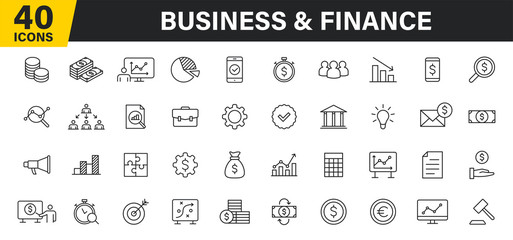 Set of 40 Business and Finance web icons in line style. Money, dollar, infographic, banking. Vector illustration.