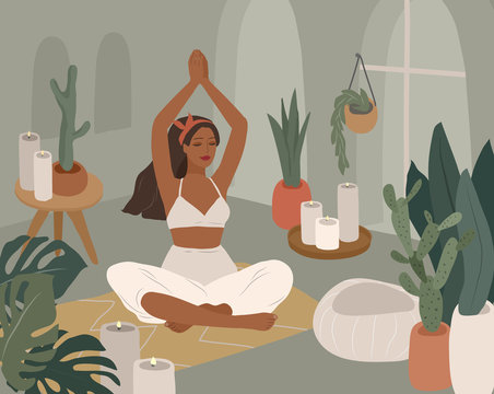 Cute girl doing yoga poses. Lifestyle by young woman in home interior with homeplants. Fashion illustration by femininity, beauty and mental health. Feminine cartoon