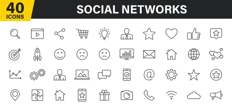 Set of 40 Social Networks web icons in line style. Marketing, feedback, management, target, like, content. Vector illustration.