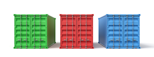 3d rendering of green, red and blue shipping containers isolated on white background