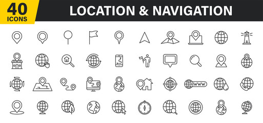 Set of 40 Navigation and location, map, globe web icons in line style. GPS, compass, global, marker, map, pointer. Vector illustration.