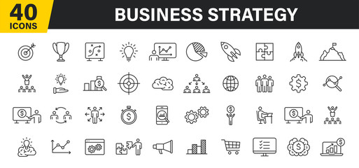 Set of 40 Business strategy web icons in line style. Startup, investment, financial, development, marketing, idea. Vector illustration.
