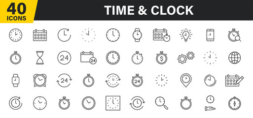 Set of 40 Time and clock web icons in line style. Timer, Speed, Alarm, Calendar. Vector illustration.