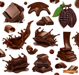 Chocolate set. Splashes, pieces and chocolate shavings, cocoa bean. 3d realistic vector objects. Food illustration