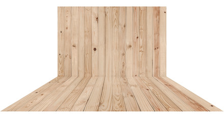 Empty wooden mock up display from pine wood as perspective floor and flat wall background with isolated on white and clipping path.