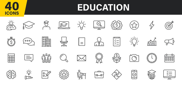 Set of 40 Education and Learning web icons in line style. School, university, textbook, learning. Vector illustration.